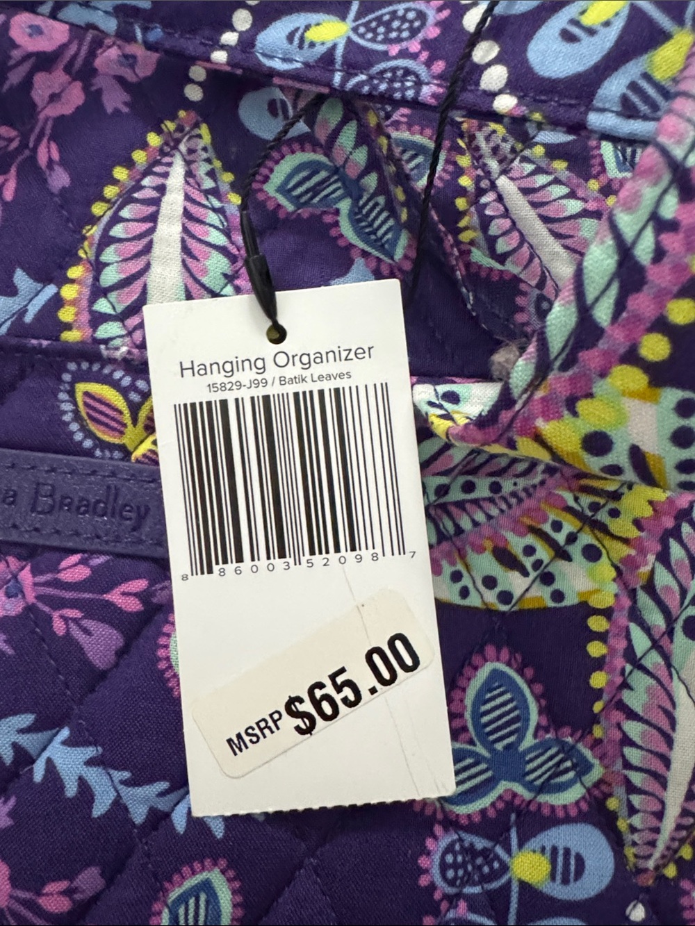 Vera Bradley Purple Batik Leaves Quilted Hanging Organizer